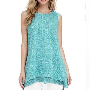 NWT Fever Womens Double Layer Sleeveless Blouse Aqua Speckle Grid Medium